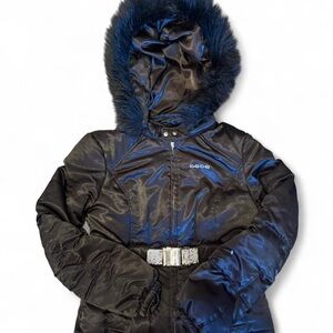 Bebe Shiny Black Coat with Fur Trim